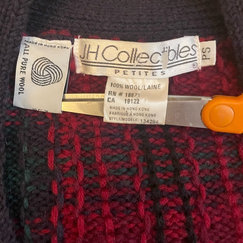 Vintage 90s JH Collectibles Plaid Cardigan Sweater 100% Wool Navy Plaid Size PS - Picture 3 of 6